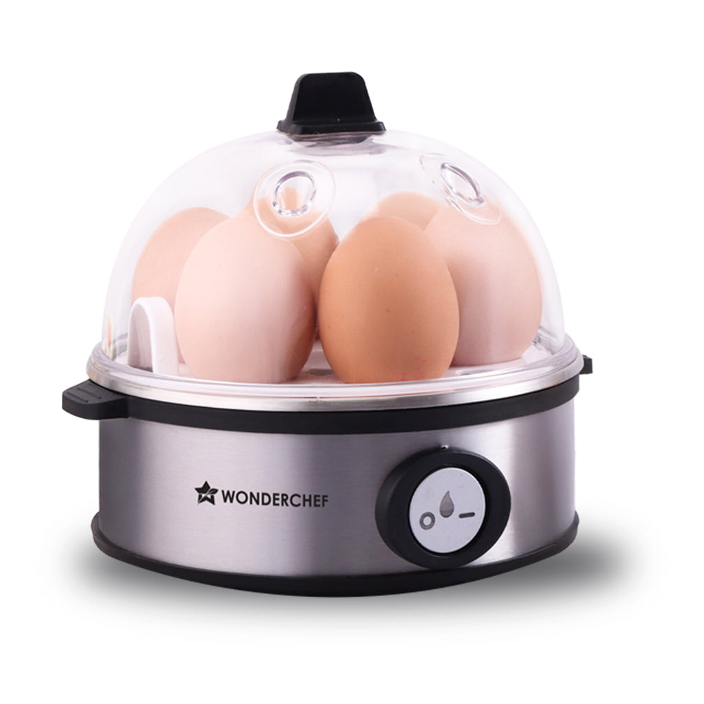 Essenza Instant Egg Boiler | 7 Poachers | 350 W | Stainless Steel Cool-touch Body | Auto Shut-off | Steaming Rack, Measuring Cup with Piercing Pin, Glass Lid with Steam Vent | 2-Year Warranty