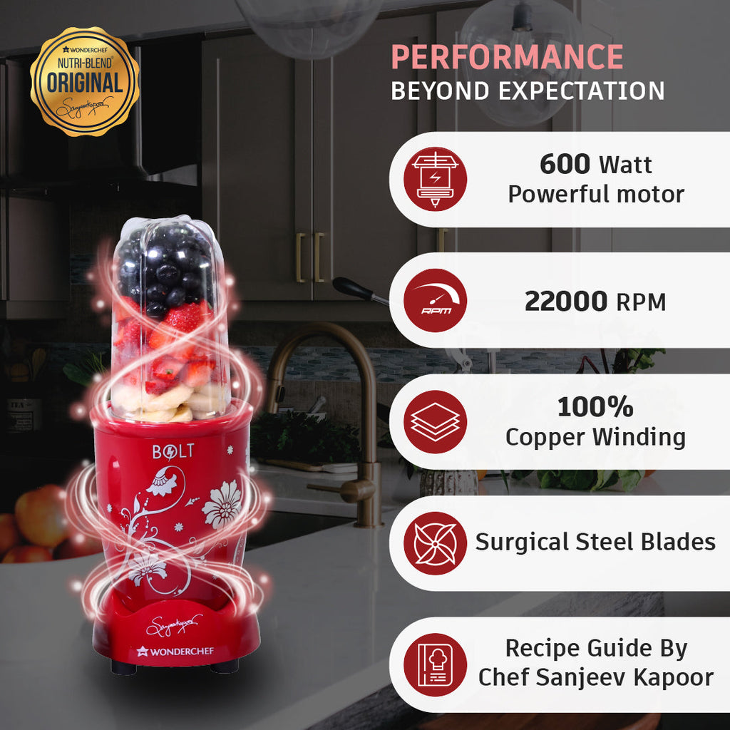 Nutri-blend BOLT-600W Mixer-Grinder, Stronger & Swifter with Sipper Lid, 22000RPM 100% Full Copper Motor, 2 Unbreakable Jars, Sharper Steel Blades, 2 Years Warranty, Red, Recipe Book By Chef Sanjeev Kapoor