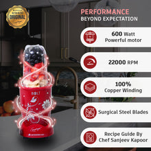 Load image into Gallery viewer, Nutri-blend BOLT-600W Mixer-Grinder, Stronger &amp; Swifter with Sipper Lid, 22000RPM 100% Full Copper Motor, 2 Unbreakable Jars, Sharper Steel Blades, 2 Years Warranty, Red, Recipe Book By Chef Sanjeev Kapoor
