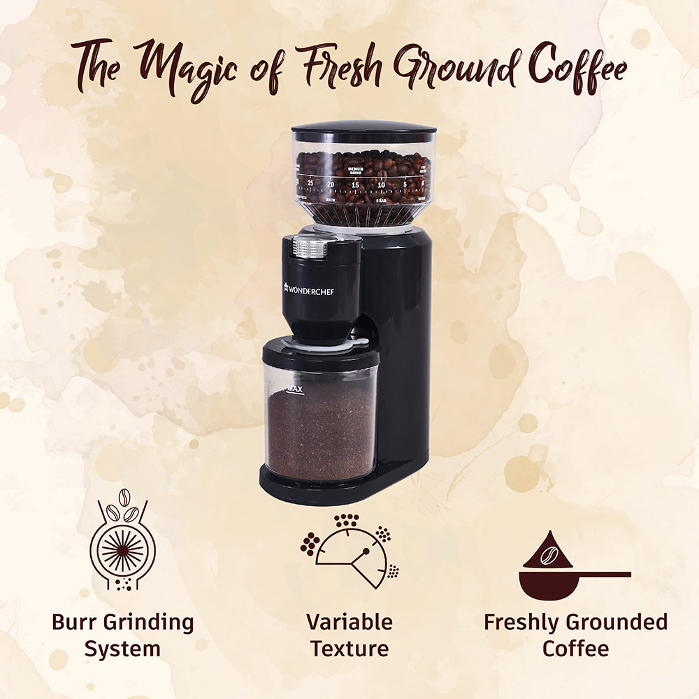 Wonderchef Renewed Regalia Electric Coffee Grinder | Burr Grinder with 31 Grinding Settings | Set Variable Coffee Grind Texture | Grind Beans for Espresso, Americano, Brew and more | 1 Year Warranty