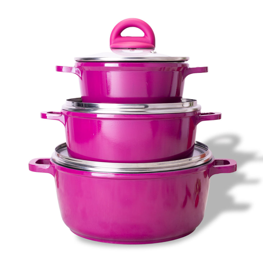 Ceramide Non-stick Casserole Set, 6Pc (1.2L,  2.3L, 3.9L), Induction Bottom, Soft Touch Handle, Pure Grade Aluminium, PFOA/Heavy Metals Free, 2.2mm, Pink, 2 Years Warranty