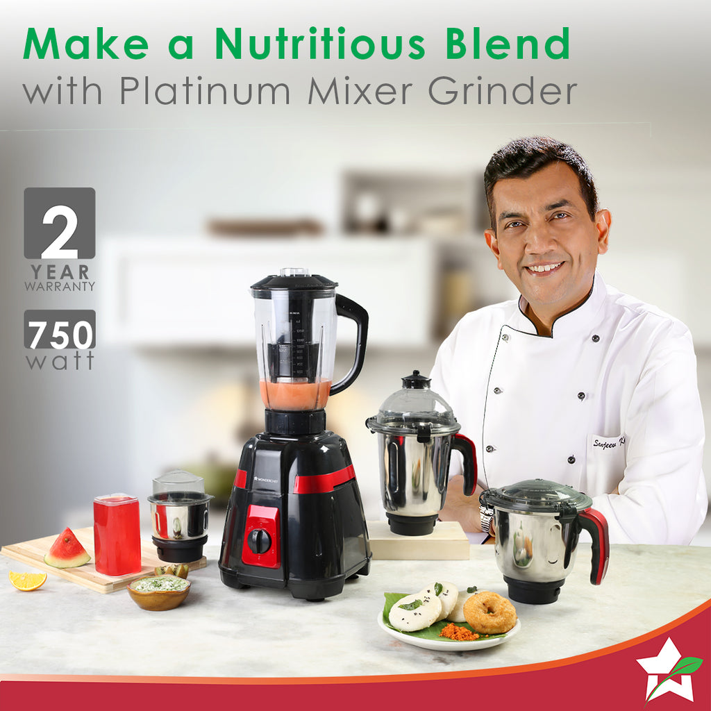 Platinum Mixer Grinder 750W with 4 Stainless Steel Jars And Anti-Rust Stainless Steel Blades, Ergonomic Handles, 5 Years Warranty On Motor,  Black & Crimson