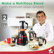 Load image into Gallery viewer, Platinum Mixer Grinder 750W with 4 Stainless Steel Jars And Anti-Rust Stainless Steel Blades, Ergonomic Handles, 5 Years Warranty On Motor,  Black &amp; Crimson