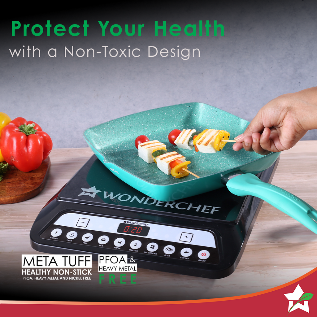 Wonderchef Renewed Celebration Non-stick 24cm Grill Pan | Induction Friendly | Soft Touch Handle | Pure Grade Aluminium | 2.2mm | PFOA/Heavy Metals Free