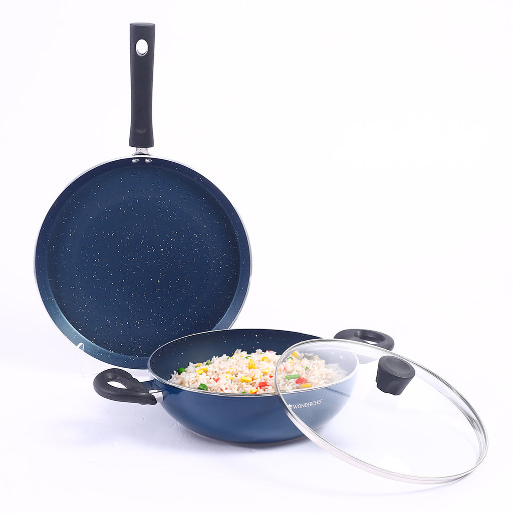 Galaxy 3pcs Cookware Set | Kadhai with Lid and Dosa Tawa | Induction Friendly | Cool Touch Bakelite Handles | Pure Grade Aluminium| PFOA Free| 2 Years Warranty | Midnight Blue