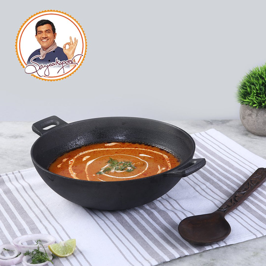 Cast Iron Kadai Kadhai for Cooking Wok Deep Frying Pot with Handle