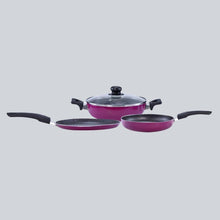 Load image into Gallery viewer, Trivia Premium Non-stick Cookware Set, 4Pc (Dosa Tawa, Fry Pan, Wok with Lid), Soft Touch Handle, Pure Grade Aluminum, PFOA Free, Induction Friendly, 2.6mm, 1 Years Warranty, Purple